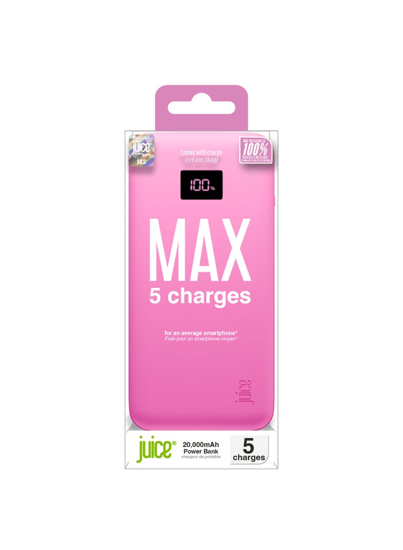 JUICE Eco Integrated Max Power Bank 20000mAh – Portable Charger with Built-in USB-C Cable, Fast 20W Output, Digital Display, Power Bank for iPhone 15 16, Samsung, Android, GoPro, iPad - Pink - Image 3