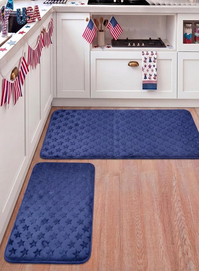 Dunzy 2 Pcs Blue Stars 4th of July Kitchen Mat Set of 2 Patriotic Kitchen Rugs Memorial Day Independence Day Decor Rubber Backed Anti Fatigue Floor Rug for Bathroom Bedroom Laundry 30"x20" and 48"x20" - Image 1