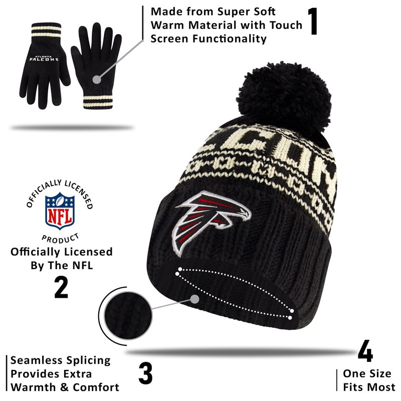 Ultra Game NFL Official Adults Super Soft Cable Knit Winter Beanie Knit Hat with Extra Warm Touch Screen Gloves, Atlanta Falcons, Black, 1SIZE - Image 2