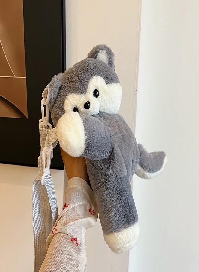 Ueeksry Cute Plush Husky Dog Shoulder Messenger Bag, Plush Dog Crossbody Bag, Stuffed Animal Backpack for Women (Gray) - Image 2