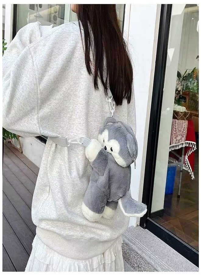 Ueeksry Cute Plush Husky Dog Shoulder Messenger Bag, Plush Dog Crossbody Bag, Stuffed Animal Backpack for Women (Gray) - Image 5