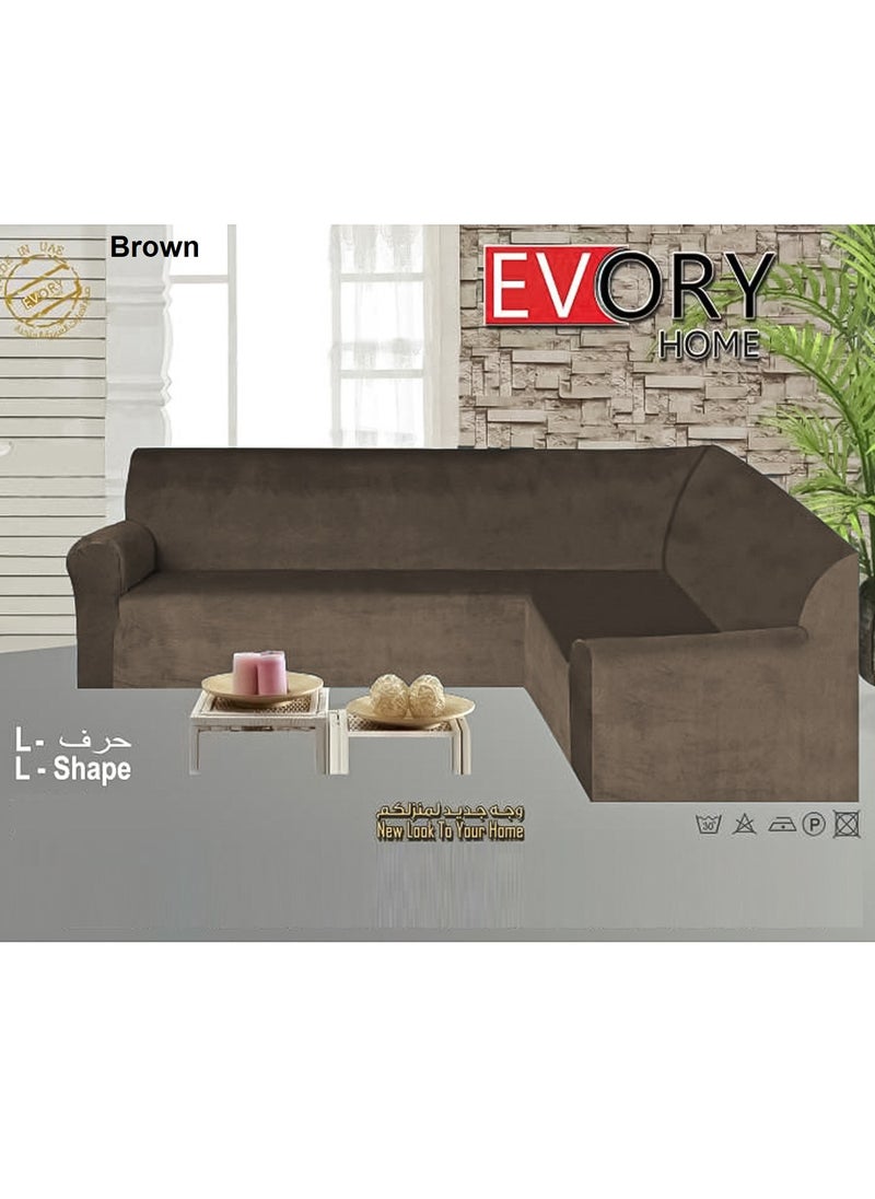 EVORY HOME Sofa Covers L Shape Velvet 5.5 Meter Slip Resistant and Highly Stretchy Brown  - Image 1