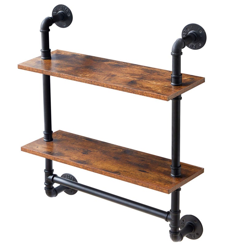 IBUYKE Pipe Floating ShelvesRustic Iron 285 inches Industrial Pipe Shelf2Tier Wall Shelf with Towel BarWall Mount Bookshelf for BedroomKitchenLiving RoomBathroom URFTM014