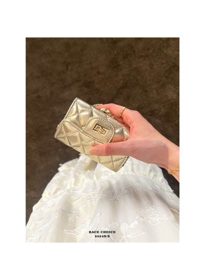 Lingge Mini Small Waste Bag All-Match Small Chanel Style Golden Silver Mini Crossbody Bag Women's Chain Bag Coin Purse 2024-Color:Gold-Size:Standard  - Image 4
