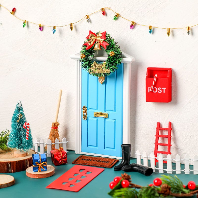 Hungdao 20 Pcs Christmas Elf Fairy Doors Decorations Enchanted Elf Doors Tiny Outdoor Xmas Decor Wooden Tiny Miniature for Girls Xmas Accessories Fairy TaleRedBlue Door - Image 2