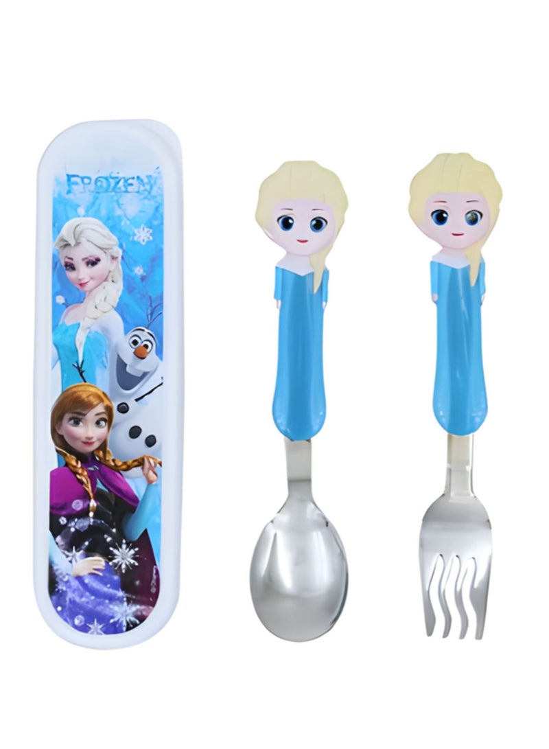 Disney frozen  Elsa Kids Spoon and Fork Set with Case – Stainless Steel Cutlery for Children, Cartoon Design, BPA-Free Travel Set - Image 1