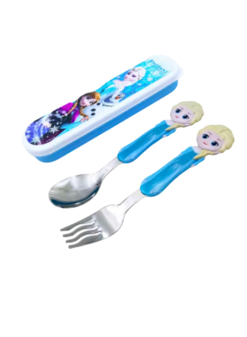 Disney frozen  Elsa Kids Spoon and Fork Set with Case – Stainless Steel Cutlery for Children, Cartoon Design, BPA-Free Travel Set - Image 2