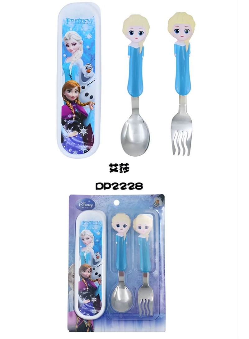 Disney frozen  Elsa Kids Spoon and Fork Set with Case – Stainless Steel Cutlery for Children, Cartoon Design, BPA-Free Travel Set - Image 3