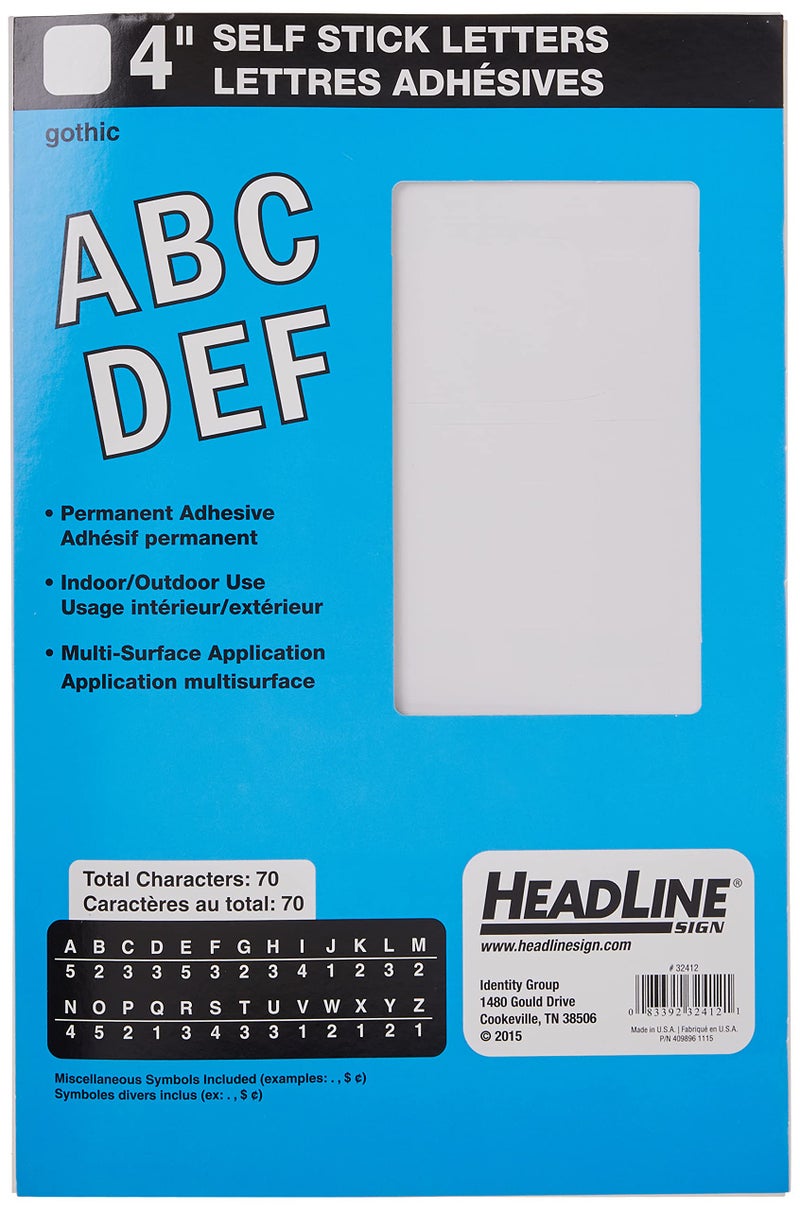 Headline Sign 32412 StickOn Vinyl Letters White 4Inch Made in USA