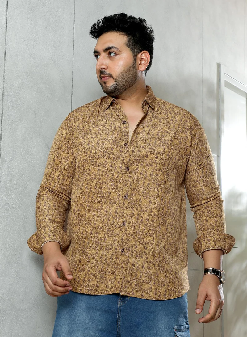 Instafab Plus Men's Ochre Brown Indie Floral-Motif Imprint Shirt | Spread Collar , Long Cuffed Sleeves , Button Closure , Curved Hemline | Floral-Print Plain Polyester For Casual & Evening Wear