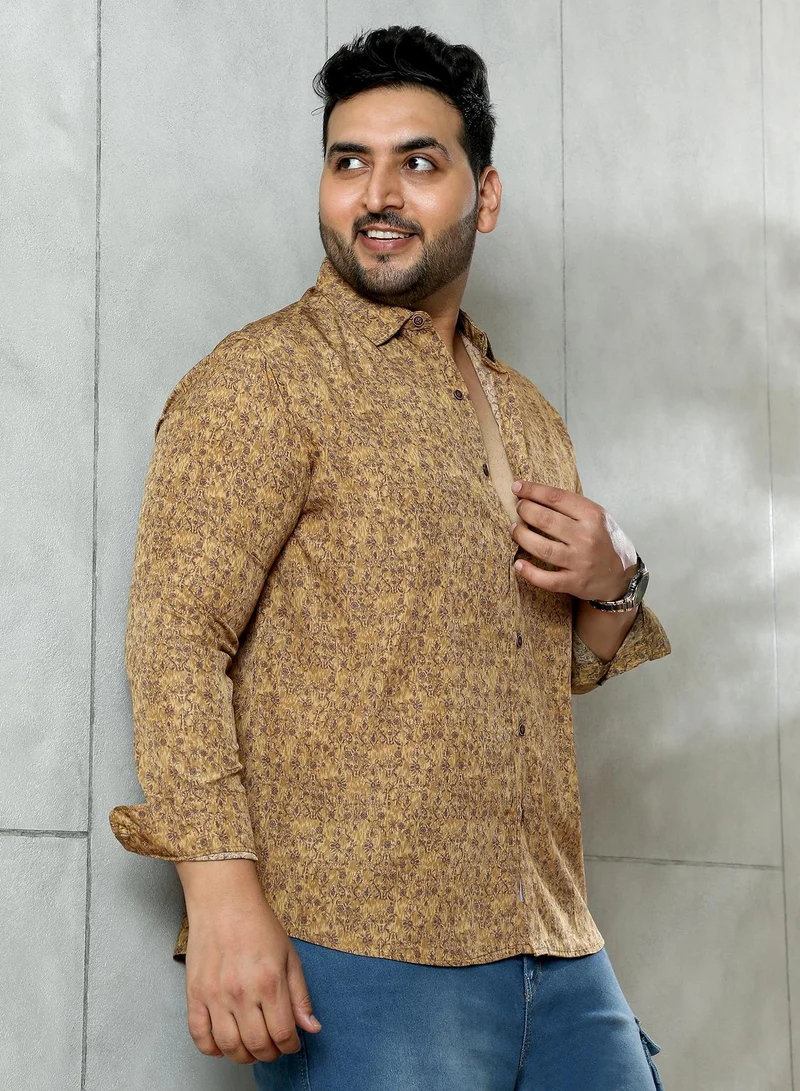 Instafab Plus  Instafab Plus Men's Ochre Brown Indie Floral-Motif Imprint Shirt | Spread Collar , Long Cuffed Sleeves , Button Closure , Curved Hemline | Floral-Print Plain Polyester For Casual & Evening Wear for Men | Best Price UAE