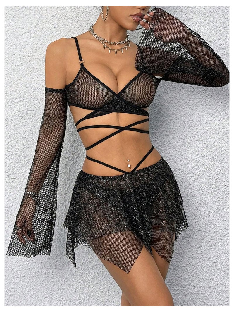 OYOANGLE Women's 2 Piece Mesh Sheer Criss Cross Crop Top and Asymmetrical Mini Skirt Party Rave Outfits Black Small - Image 3