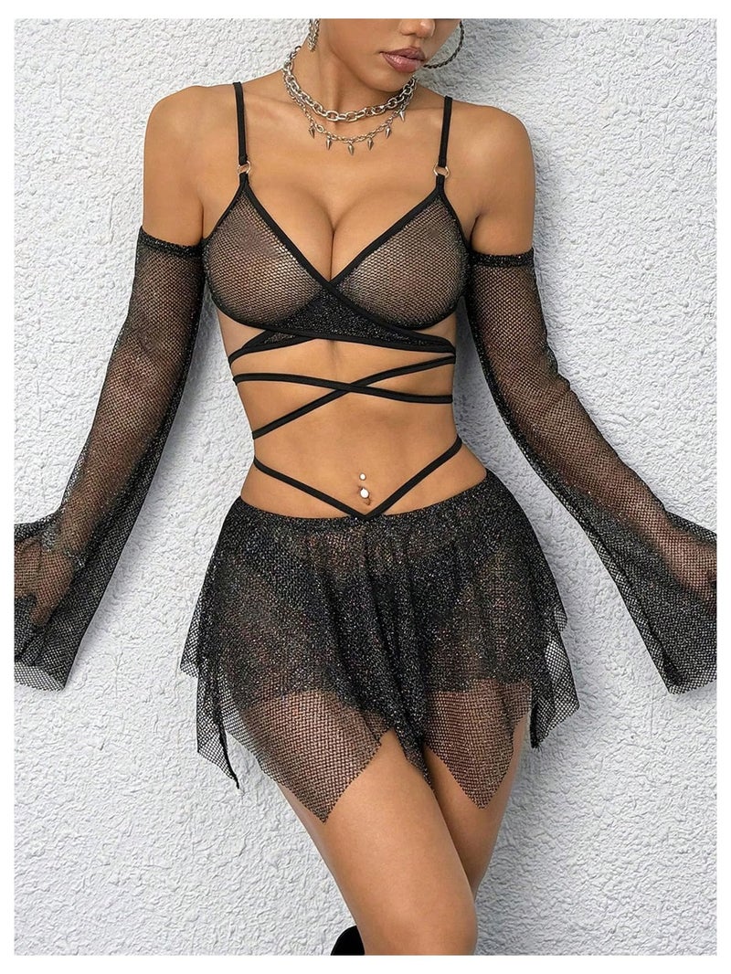 OYOANGLE Women's 2 Piece Mesh Sheer Criss Cross Crop Top and Asymmetrical Mini Skirt Party Rave Outfits Black Small - Image 5
