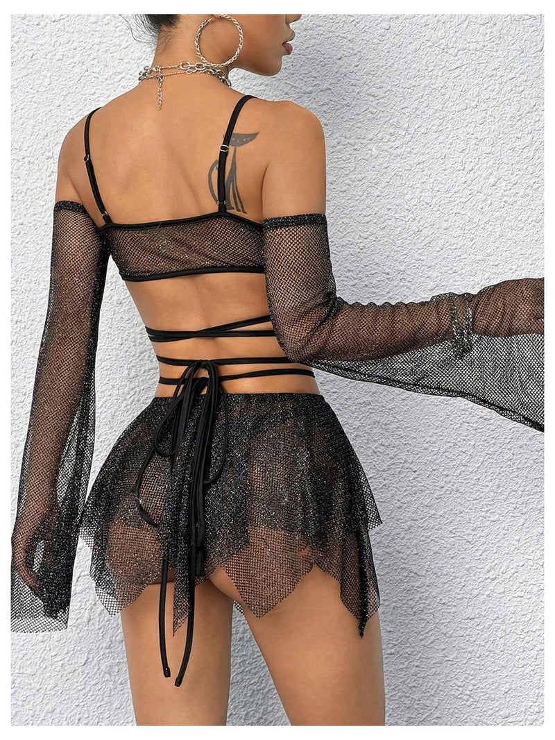 OYOANGLE Women's 2 Piece Mesh Sheer Criss Cross Crop Top and Asymmetrical Mini Skirt Party Rave Outfits Black Small - Image 2