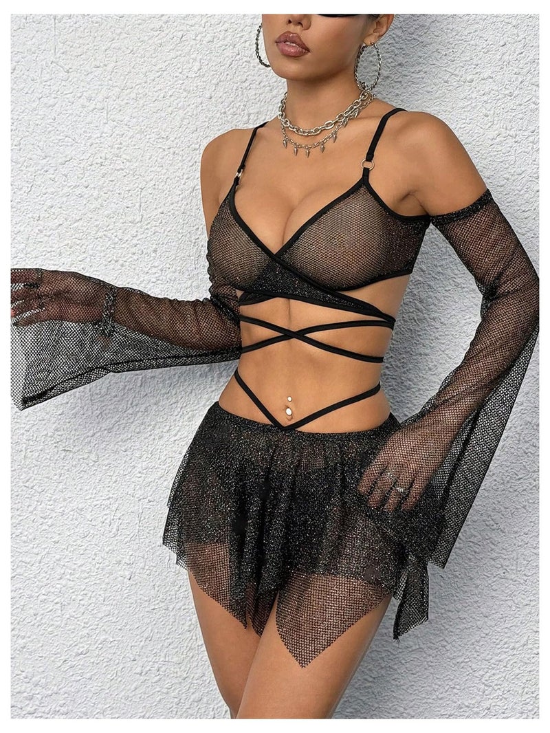 OYOANGLE Women's 2 Piece Mesh Sheer Criss Cross Crop Top and Asymmetrical Mini Skirt Party Rave Outfits Black Small - Image 4