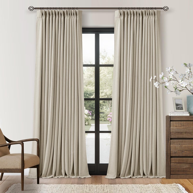 TWODRAPES Beige Oatmeal Linen Pinch Pleated 100% Blackout Curtains 90 Inch Length 2 Panels Set Pinch Pleat Curtains Black Out Blocking Room Darkening Drapes with Liner for Bedroom Living Room Window 40x90 - Image 1