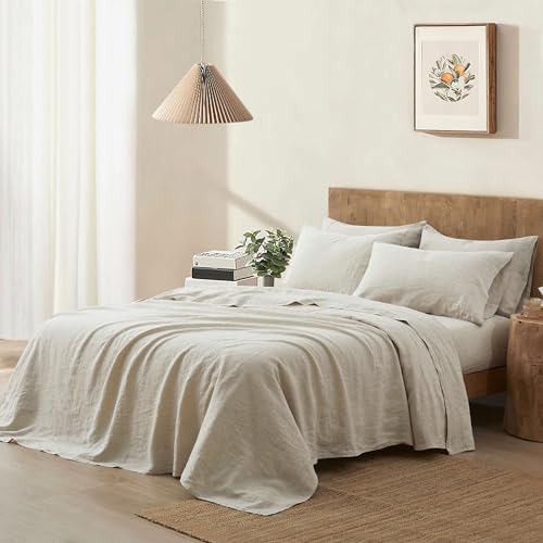 ATLINIA 100% Pure Flax Linen Bedding Set - Stone Washed French Linen Fabric Deep Pocket Fitted Sheet Farmhouse Flat Sheet 2 Pillowcases (Natural, Queen) - Image 2