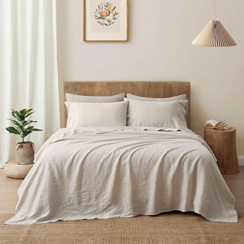 ATLINIA 100% Pure Flax Linen Bedding Set - Stone Washed French Linen Fabric Deep Pocket Fitted Sheet Farmhouse Flat Sheet 2 Pillowcases (Natural, Queen) - Image 1