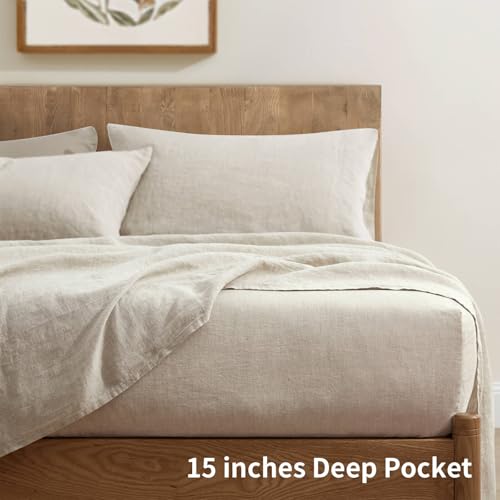ATLINIA 100% Pure Flax Linen Bedding Set - Stone Washed French Linen Fabric Deep Pocket Fitted Sheet Farmhouse Flat Sheet 2 Pillowcases (Natural, Queen) - Image 5