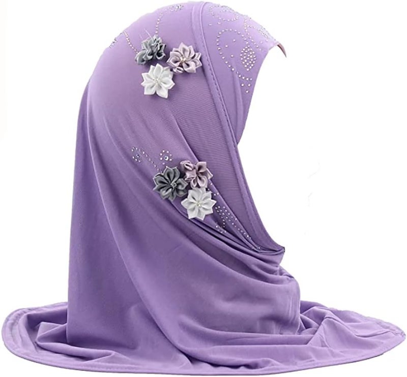 Ylucky Girls Muslim Hijab Floral Lace Head Scarf Kids Islamic Arab Scarf Shawls Head Wrap with Flowers - Image 1