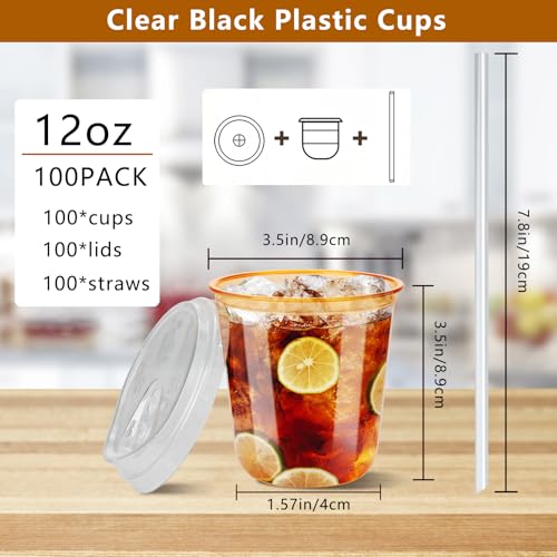 MOQRUAO 100 Sets 12oz Disposable Stemless Plastic Cups with Strawless Sip Lids, Clear PET Coffee Cups for Iced Coffee, Cold Drinks, Halloween, Christmas, Party and Drink Shop Supplies (Orange (12oz)) - Image 2