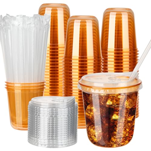 MOQRUAO 100 Sets 12oz Disposable Stemless Plastic Cups with Strawless Sip Lids, Clear PET Coffee Cups for Iced Coffee, Cold Drinks, Halloween, Christmas, Party and Drink Shop Supplies (Orange (12oz)) - Image 1
