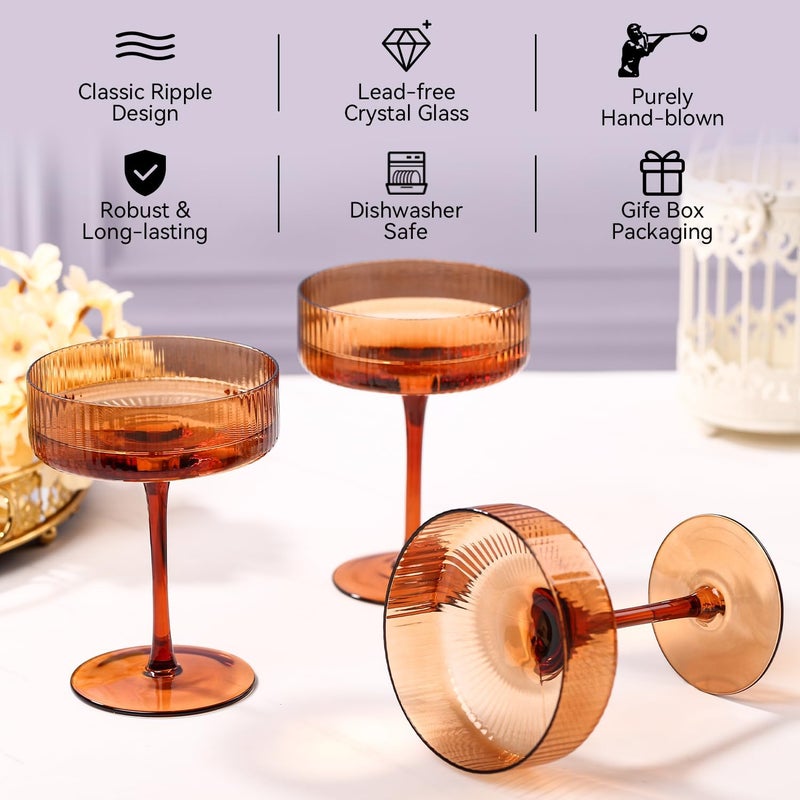 Cyrelwing 9 oz Dark amber Vintage Art Deco Coupe Glasses Set of 6 Brown Ribbed martini Glasses |Vintage Cocktail Glasses Set,Unique Colored Coupe Glass - Image 5