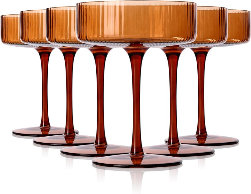 Cyrelwing 9 oz Dark amber Vintage Art Deco Coupe Glasses Set of 6 Brown Ribbed martini Glasses |Vintage Cocktail Glasses Set,Unique Colored Coupe Glass - Image 1