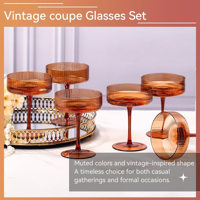 Cyrelwing 9 oz Dark amber Vintage Art Deco Coupe Glasses Set of 6 Brown Ribbed martini Glasses |Vintage Cocktail Glasses Set,Unique Colored Coupe Glass - Image 2