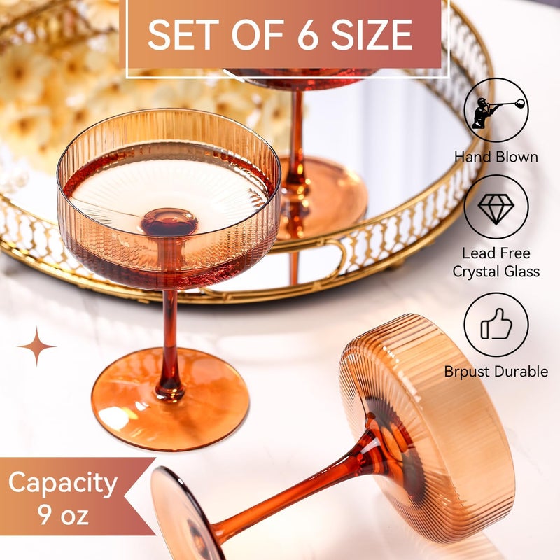 Cyrelwing 9 oz Dark amber Vintage Art Deco Coupe Glasses Set of 6 Brown Ribbed martini Glasses |Vintage Cocktail Glasses Set,Unique Colored Coupe Glass - Image 3