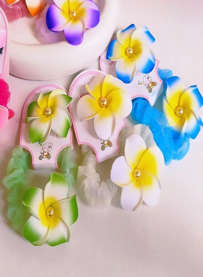 Radhya Accessories Colorful Organza Plumeria Scrunchies (Pack of 6) Satin Scrunchies Ponytail holders Pearl Hairties Flower Rubberbands hairbands for Girls Women Gift for Girls - Image 2