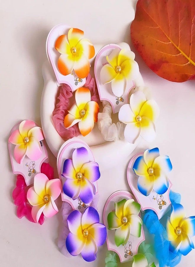 Radhya Accessories Colorful Organza Plumeria Scrunchies (Pack of 6) Satin Scrunchies Ponytail holders Pearl Hairties Flower Rubberbands hairbands for Girls Women Gift for Girls - Image 3