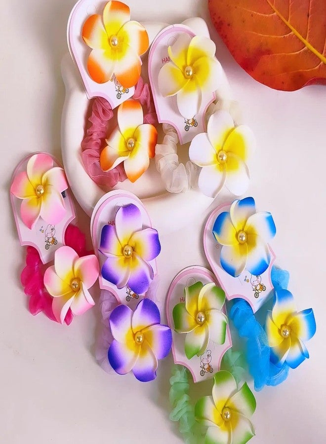 Radhya Accessories Colorful Organza Plumeria Scrunchies (Pack of 6) Satin Scrunchies Ponytail holders Pearl Hairties Flower Rubberbands hairbands for Girls Women Gift for Girls - Image 1