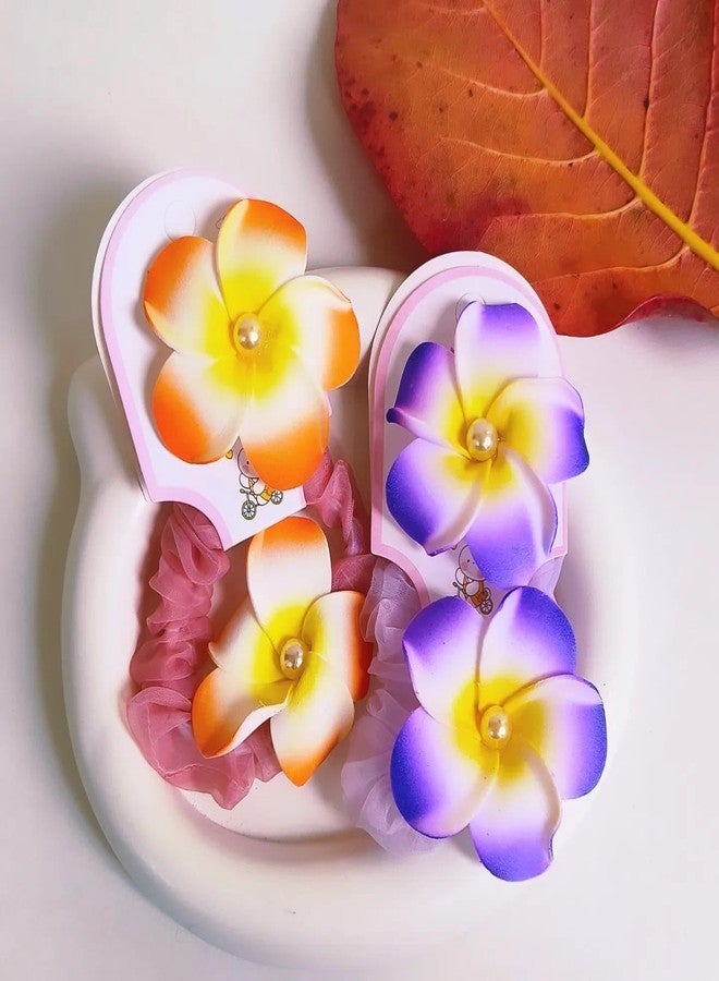 Radhya Accessories Colorful Organza Plumeria Scrunchies (Pack of 6) Satin Scrunchies Ponytail holders Pearl Hairties Flower Rubberbands hairbands for Girls Women Gift for Girls - Image 5