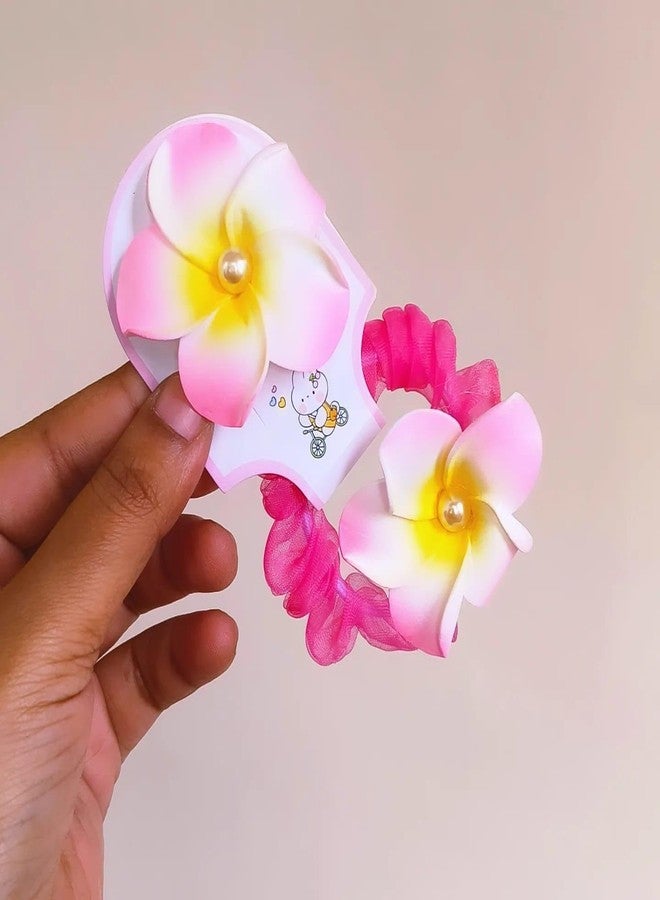 Radhya Accessories Colorful Organza Plumeria Scrunchies (Pack of 6) Satin Scrunchies Ponytail holders Pearl Hairties Flower Rubberbands hairbands for Girls Women Gift for Girls - Image 4