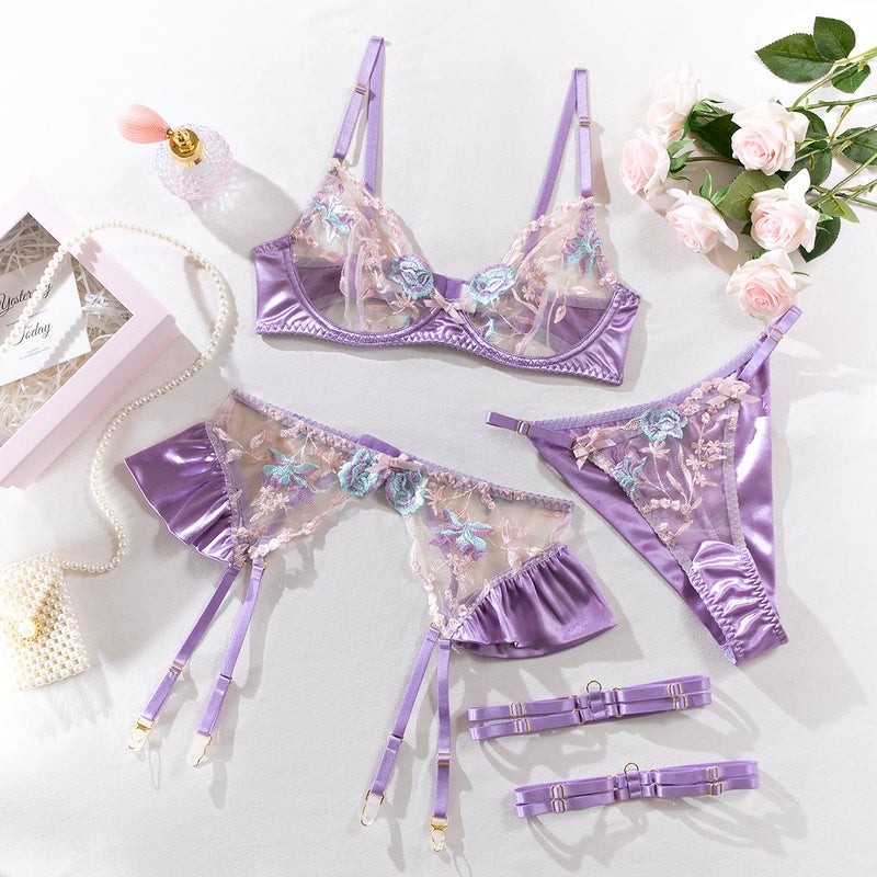 Light Purple Mercerized Embroidery Super Beautiful Lingerie Four-Piece Independent Station Sale - Image 1