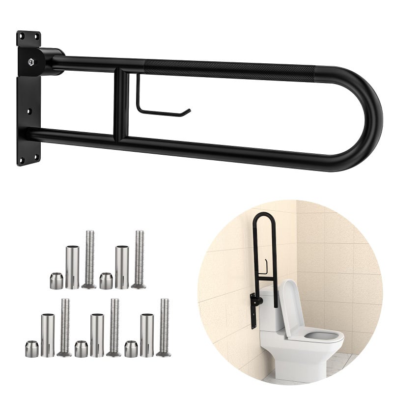 YuanDe Toilet Grab Bar 303 Inch YuanDe Flip Up Grab Bar with Paper HolderMatte Black AntiSlip Safety Bars for Toilet Stainless Steel Knurled Toilet Handles for Seniors Disabled Elderly Pregnant - Image 3