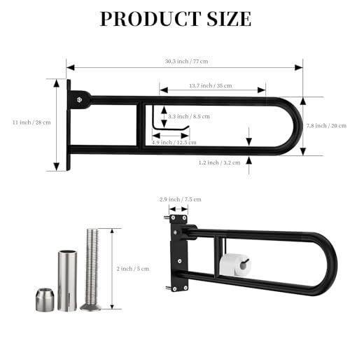 YuanDe Toilet Grab Bar 303 Inch YuanDe Flip Up Grab Bar with Paper HolderMatte Black AntiSlip Safety Bars for Toilet Stainless Steel Knurled Toilet Handles for Seniors Disabled Elderly Pregnant - Image 5