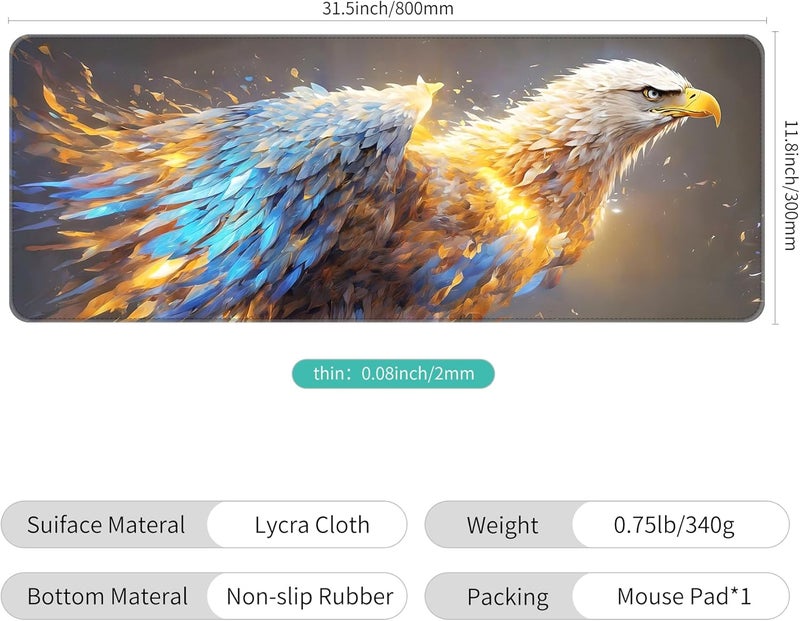 Dynippy Thin Extended Gaming Mouse Pad （31.5 * 11.8 * 0.08 inch） with Stitched Edges Large Mousepad Long XXL Keyboard and Mouse pad Desk Mat for Gaming Office & Home - Golden Eagle Soars - Image 2