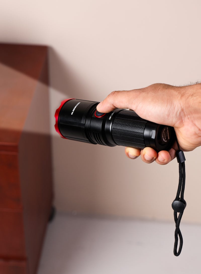 Olsenmark فلاشلايت أولسنمارك المقاوم للماء مع بنك الطاقة OMFL2844، 28 واط، مثالي للاستخدام الداخلي والخارجي، 15 ساعة عمل متواصل، 3100 لومن، ضوء كشاف، شحن USB، مؤشر الشحن، أسود - Image 2