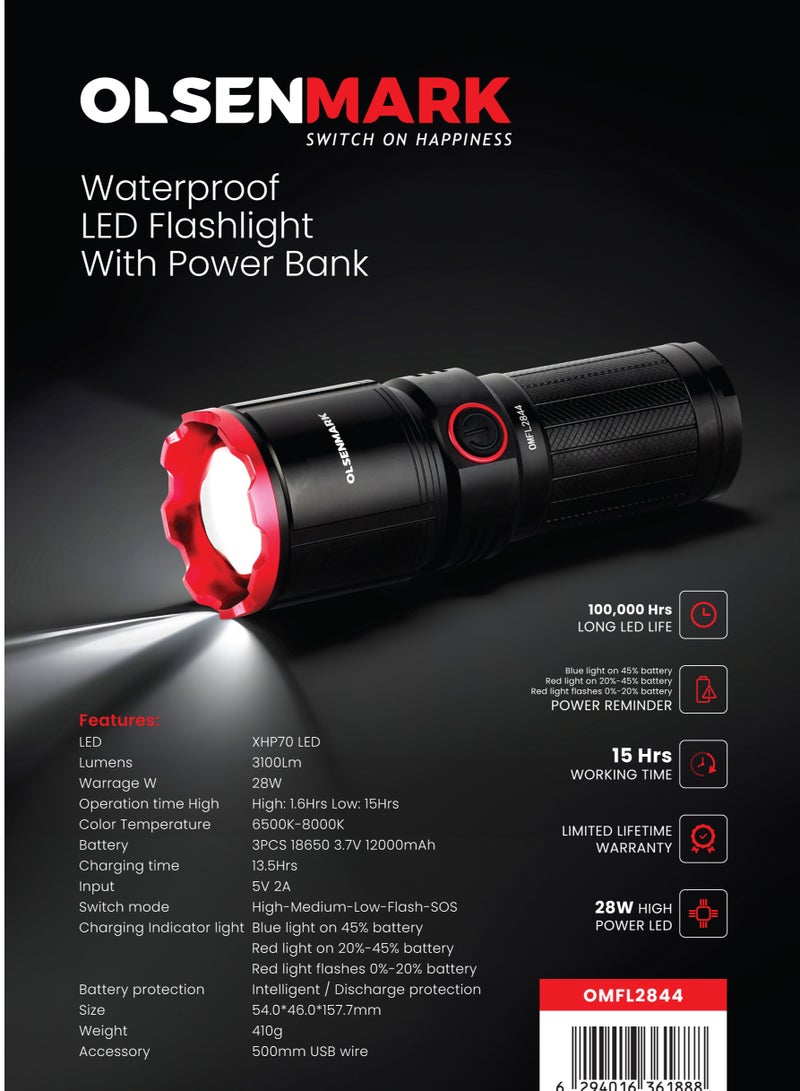 Olsenmark فلاشلايت أولسنمارك المقاوم للماء مع بنك الطاقة OMFL2844، 28 واط، مثالي للاستخدام الداخلي والخارجي، 15 ساعة عمل متواصل، 3100 لومن، ضوء كشاف، شحن USB، مؤشر الشحن، أسود - Image 5
