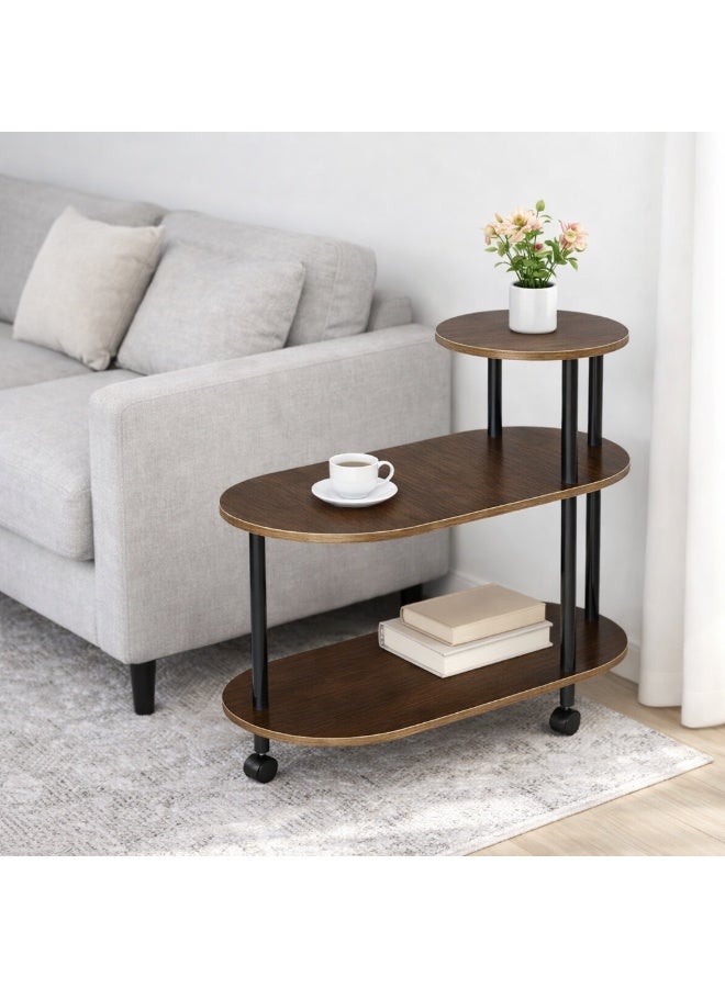 Raqi 3-Tier Rolling Serving Cart Side Table – Multi-Purpose Utility Trolley for Living Room & Kitchen – Walnut Wood with Black Metal Frame – Size 60×30×65 cm - Image 2