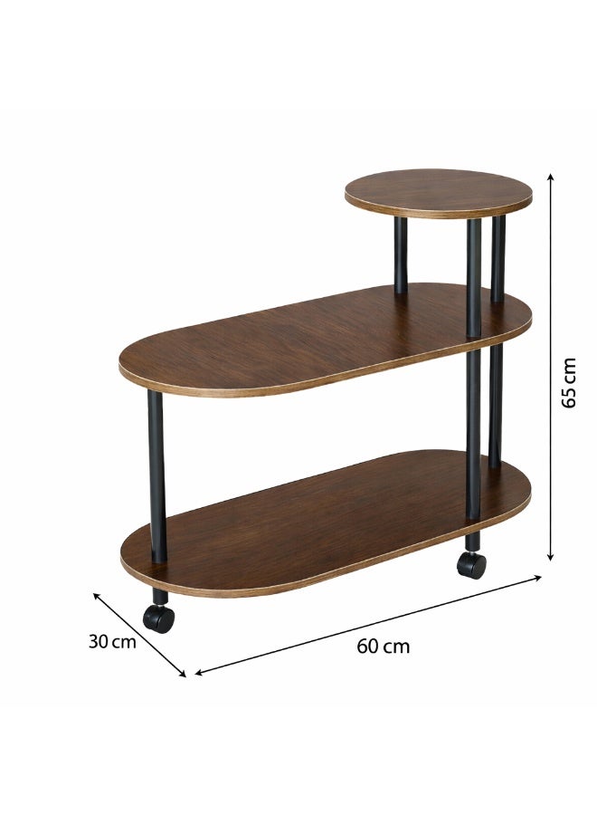 Raqi 3-Tier Rolling Serving Cart Side Table – Multi-Purpose Utility Trolley for Living Room & Kitchen – Walnut Wood with Black Metal Frame – Size 60×30×65 cm - Image 3