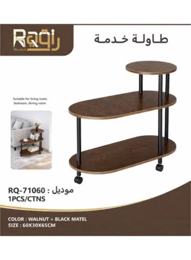 Raqi 3-Tier Rolling Serving Cart Side Table – Multi-Purpose Utility Trolley for Living Room & Kitchen – Walnut Wood with Black Metal Frame – Size 60×30×65 cm - Image 5