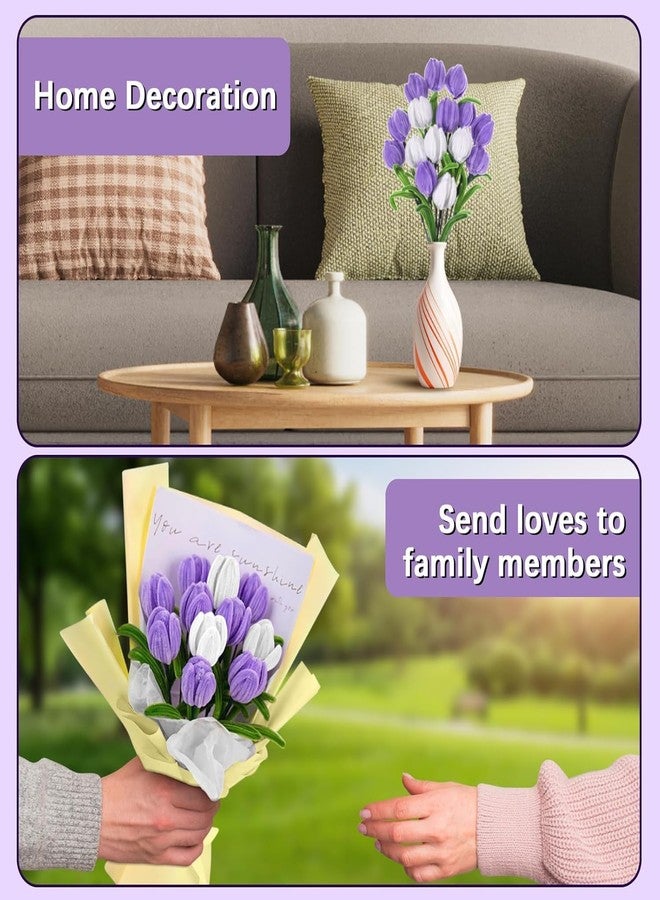 Just Flowers 311 Pc Flower Making Kit, 300 Pipe Cleaners for Crafts with 10 Stem Wire and 1 Floral Tape | 30cm Long Chenille Stems and Green Wire for DIY Bouquet Kit (Green Purple & White) - Image 3