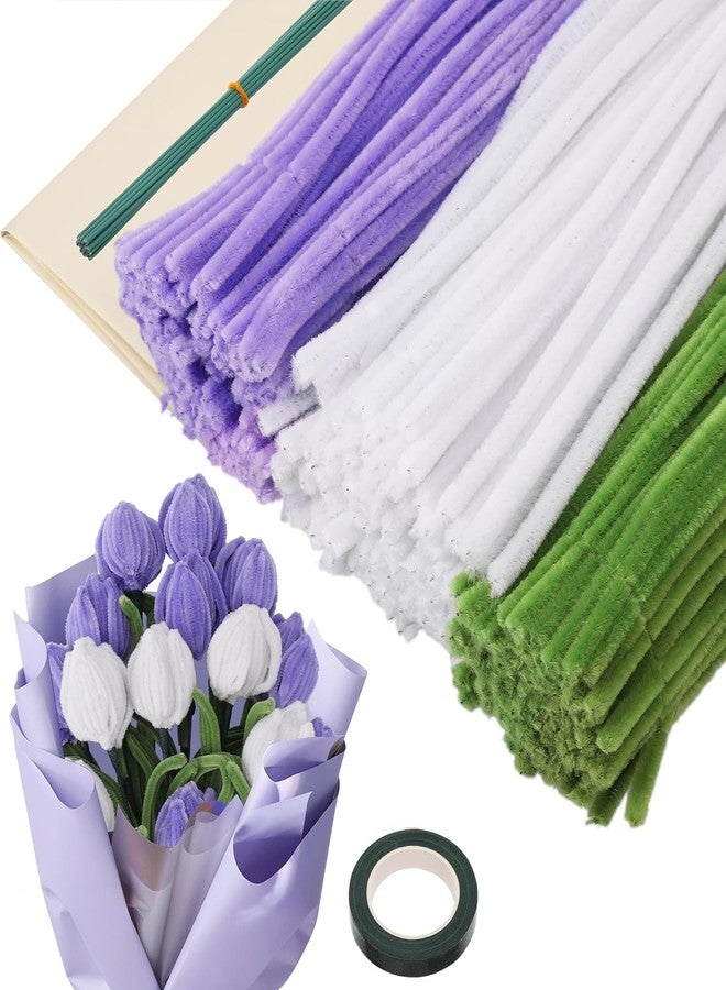 Just Flowers 311 Pc Flower Making Kit, 300 Pipe Cleaners for Crafts with 10 Stem Wire and 1 Floral Tape | 30cm Long Chenille Stems and Green Wire for DIY Bouquet Kit (Green Purple & White) - Image 1
