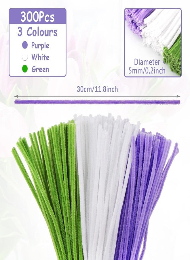 Just Flowers 311 Pc Flower Making Kit, 300 Pipe Cleaners for Crafts with 10 Stem Wire and 1 Floral Tape | 30cm Long Chenille Stems and Green Wire for DIY Bouquet Kit (Green Purple & White) - Image 2
