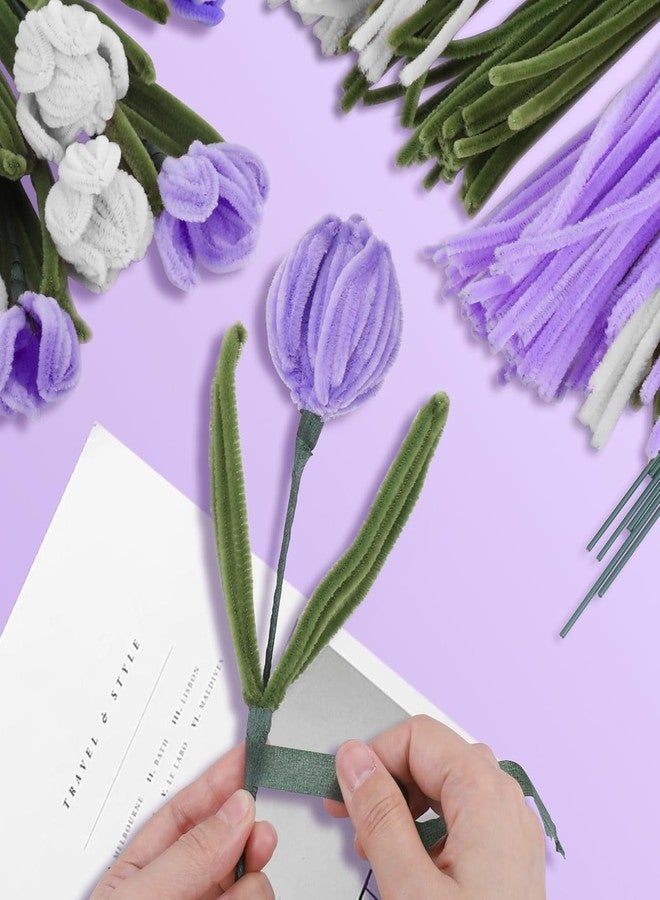 Just Flowers 311 Pc Flower Making Kit, 300 Pipe Cleaners for Crafts with 10 Stem Wire and 1 Floral Tape | 30cm Long Chenille Stems and Green Wire for DIY Bouquet Kit (Green Purple & White) - Image 4