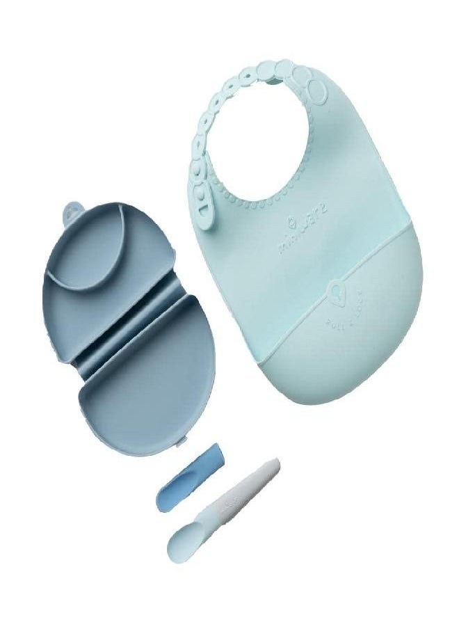 Miniware Miniware Sili Mini Go Baby Feeding Travel Set with Silifold Bento Container, Pre2Pro Spoon, Roll & Lock Bib | Perfect for On The Go Feeding (Blue Banana)  - Image 1