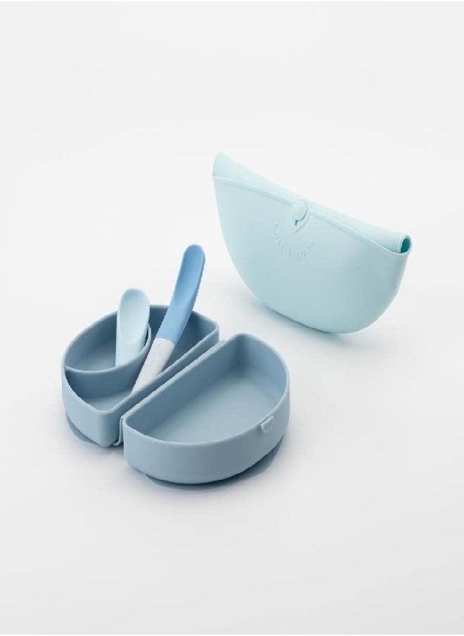Miniware Miniware Sili Mini Go Baby Feeding Travel Set with Silifold Bento Container, Pre2Pro Spoon, Roll & Lock Bib | Perfect for On The Go Feeding (Blue Banana)  - Image 2